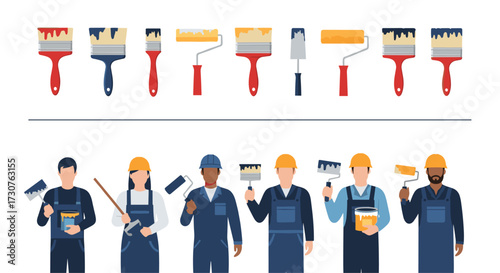 A collection of tools and painters working on renovation tasks.