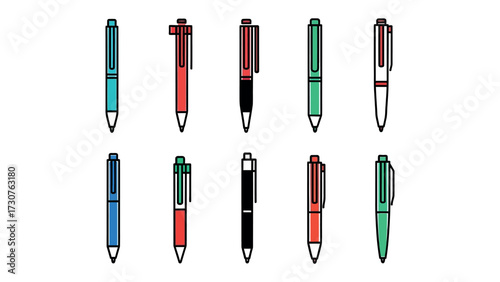 Colorful Pens: A collection of sleek, modern pens in various vibrant colors, perfectly arranged for stationery design.