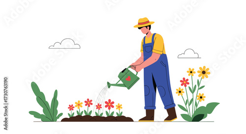 A farmer is watering the flowers in the garden. 