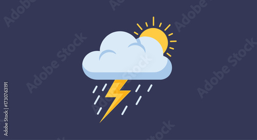 A stormy cloud with rain and a lightning bolt appears as the sun shines.