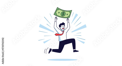Excited businessman jumping with money and radiating happiness.
