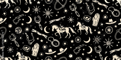 Whimsical western cowboy pattern with horses hats stars and celestial elements on black background
