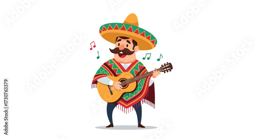 A mariachi musician in traditional attire plays his guitar with joyful melodies.