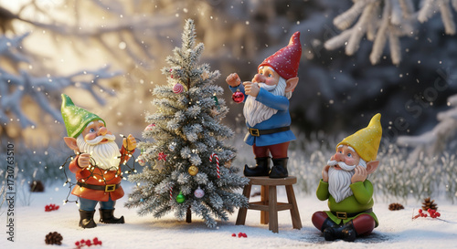 Winter scene of cheerful gnomes decorating a frosted Christmas tree with lights and ornaments in a snowy forest at twilight.