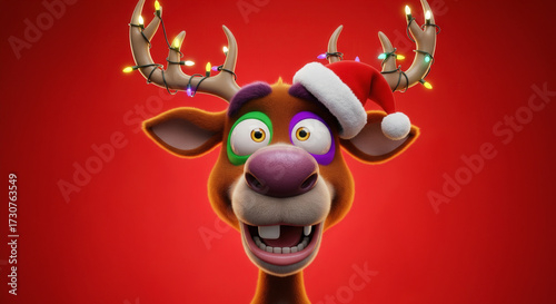 Funny Christmas card of a silly reindeer wearing a Santa hat and tangled antlers decorated with colorful glowing lights.