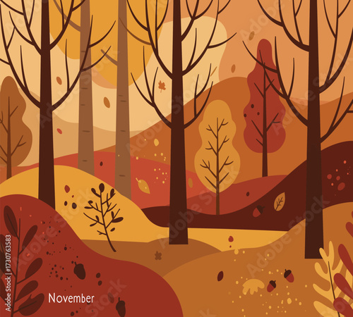 Vector art of a serene november landscape with bare trees and falling leaves, capturing the essence of autumns beauty and tranquility, perfect for nature lovers and those seeking a peaceful scene