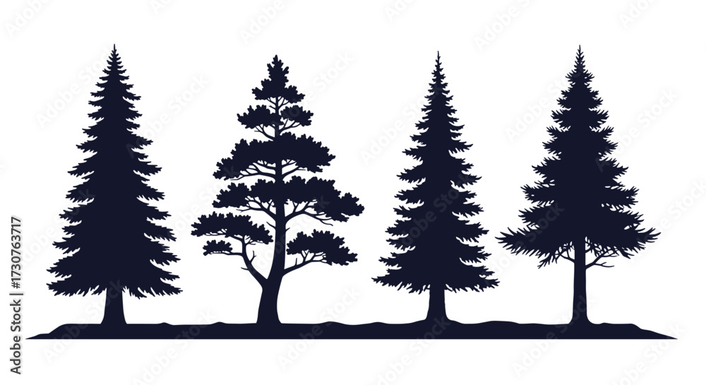 Obraz premium A collection of four distinct evergreen trees silhouetted against a white background representing nature.