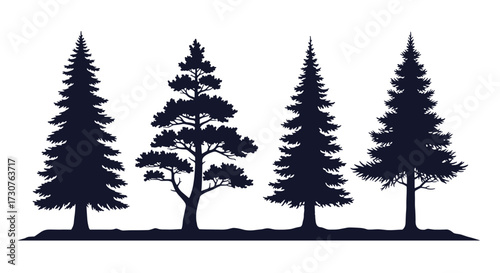 A collection of four distinct evergreen trees silhouetted against a white background representing nature.
