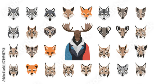 A diverse collection of animal heads and a dapper moose.