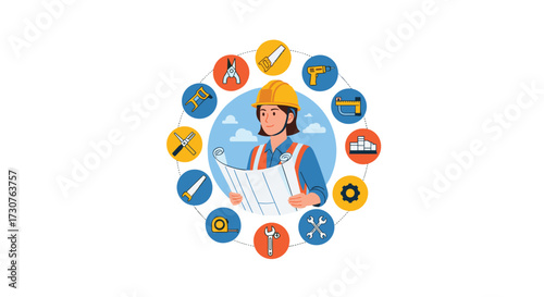 Woman in hard hat holding blueprints surrounded by tools and equipment.
