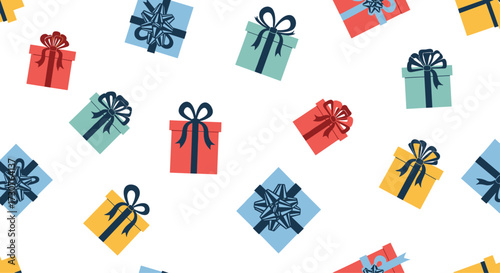 A delightful collection of colorful wrapped gift boxes scattered across a white background.