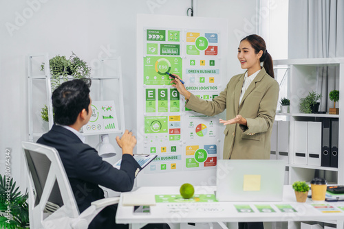 Businesswoman presents green business action plan executive discussing environmental social governance initiatives corporate sustainability modern office setting achieving ethical goals