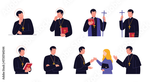 Collection of clergy members in black robes performing various religious activities.