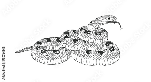 An artistic depiction of a coiled snake with a patterned body and flicking tongue.