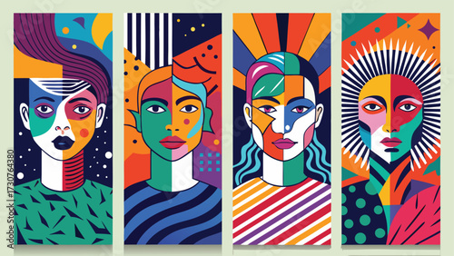 Four distinct posters displayed together, showcasing a variety of artistic styles and themes.eps