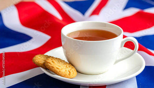 White ceramic cup of tea with biscotti on saucer, set against Union Jack flag—evoking British tradition, cozy elegance, and classic teatime charm.