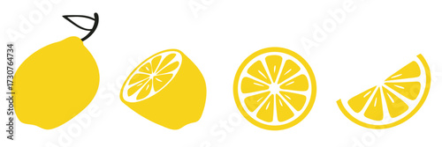 Vector lemon slice , Fresh lemon fruits icon set. yellow cut citrus vector illustrations. 