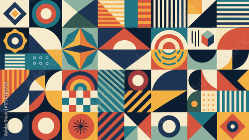 geometric pattern featuring various shapes and colors, creating a visually striking design..eps