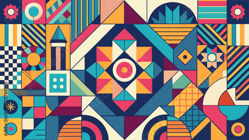 Abstract geometric pattern featuring various shapes and colors, creating a visually striking design..eps