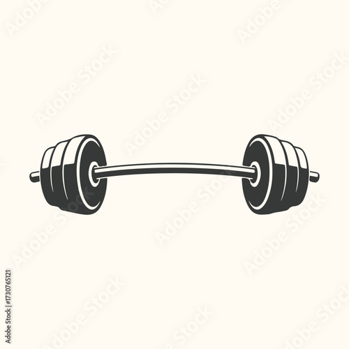 Vector art of a vintagestyle illustration of a barbell with weight plates on each end, isolated on a plain, light cream background, representing strength training and fitness