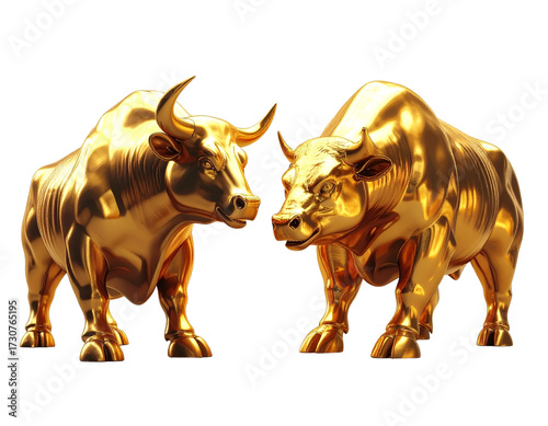 3D Golden Bull and Bear Symbols for Finance and Investment Concepts