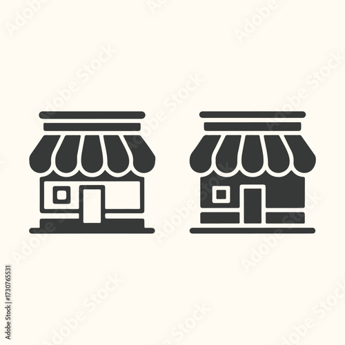 Vector art of two simple, stylized storefront icons in black, representing small businesses or shops, presented sidebyside on a neutral, light beige background
