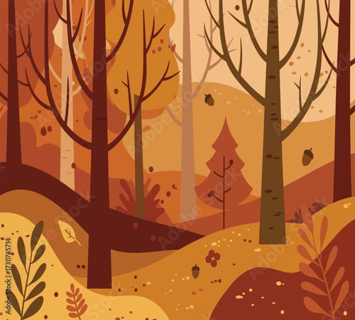 Vector art of a serene november landscape with bare trees and falling leaves, capturing the essence of autumns beauty and tranquility, perfect for nature lovers and those seeking a peaceful scene