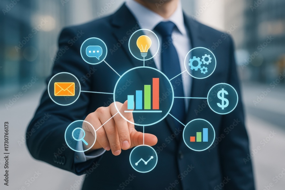Obraz premium Businessman Touching Digital Interface with Graphs and Icons in Modern Urban Setting