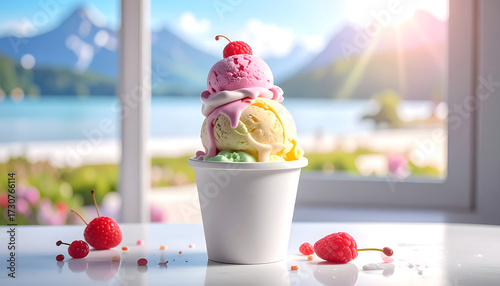 Row of ice cream cones topped with colorful sprinkles in sunlit outdoor setting—evoking summer joy, sweet indulgence, and playful street charm.