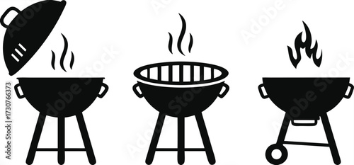 grill, bbq, icon, vector, barbecue, silhouette, smoke, illustration, isolated, pictogram, symbol, background, fire, metal, picnic, party, steak, hot, design, barbeque, black, meal, logo, food, summer