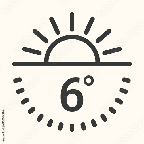 Vector art of sunrise icon with temperature display showing 6 degrees celsius, , representing early morning weather or climate information