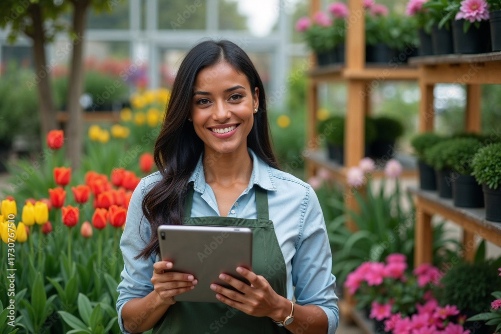custom made wallpaper toronto digitalBeautiful Woman Working at a Garden Center with Colorful Tulips
