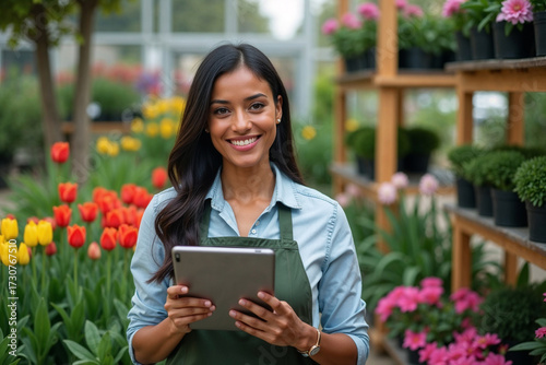 Wallpaper Mural Beautiful Woman Working at a Garden Center with Colorful Tulips
 Torontodigital.ca