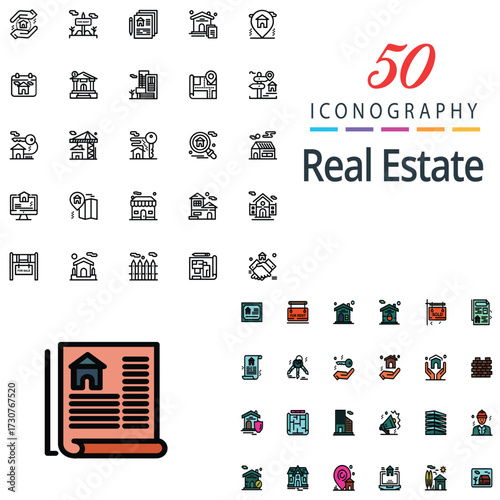 Flat vector icons for real estate sale, rent, mortgage, and property documents. Ideal for apps, websites, presentations, and branding. Clean, minimal design for professional use.