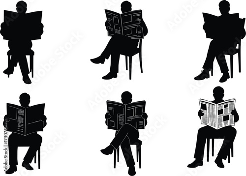 Silhouette vector illustration of men sitting on chairs reading newspapers in vintage style, formal suits and hats, daily media routine