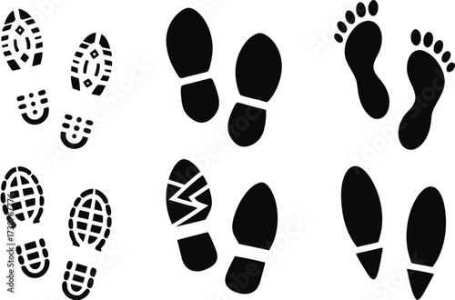 collection of Human walking footprints shoes and shoe sole funny feet footsteps paws people. vector footsteps icon or sign for print, isolated on white background 