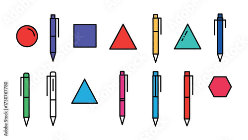 Abstract Colorful Shapes and Pens: A visually engaging and graphic arrangement showcases a vibrant collection of geometric forms accompanied by various colored pens.