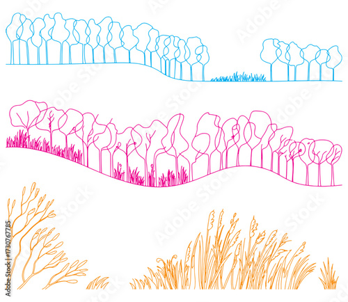 Architectural style minimal tree line drawing in CAD style, side view silhouette of wetland forest section. Clean vector line art illustration with separate elements, simple black and white outlines 