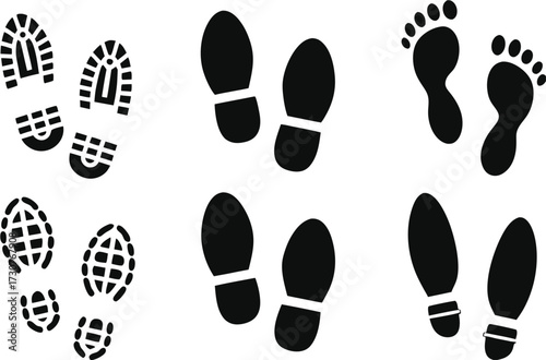 collection of Human walking footprints shoes and shoe sole funny feet footsteps paws people. vector footsteps icon or sign for print, isolated on white background 