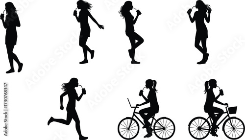 Silhouette women drinking beverage with straw in various poses standing sitting walking lifestyle fashion casual vector illustration isolated design