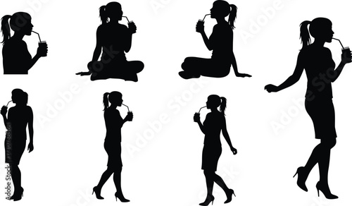Silhouette women drinking beverage with straw in various poses standing sitting walking lifestyle fashion casual vector illustration isolated design