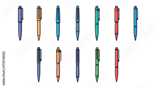 Array of Colorful Pens: An eye-level shot of various pens in assorted colors, capturing the vibrancy of these essential writing tools, perfect for creative or professional use.