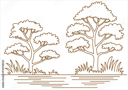 Architectural style minimal tree line drawing in CAD style, side view silhouette of wetland forest section. Clean vector line art illustration with separate elements, simple black and white outlines 