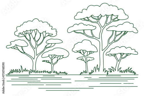 Architectural style minimal tree line drawing in CAD style, side view silhouette of wetland forest section. Clean vector line art illustration with separate elements, simple black and white outlines 