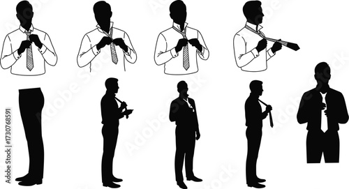 Step by step vector illustration tutorial showing man tying necktie, business attire, professional fashion guide, formal wear instruction concept