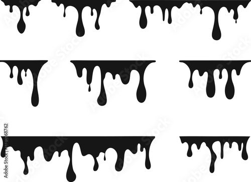 Black melt drips or liquid paint drops. Dripping liquid. Paint flows. Current paint, stains. Current drops. Current inks. Vector illustration. isolated on white background 