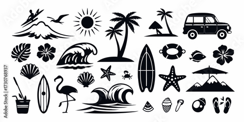 Collection of black silhouette summer vacation icons and symbols on a white background