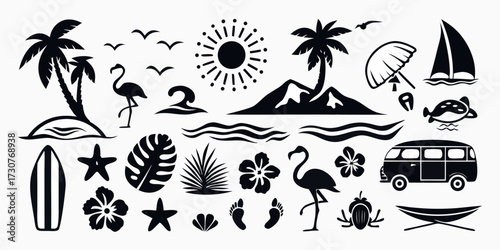 Collection of black and white tropical beach and summer vacation icons and symbols