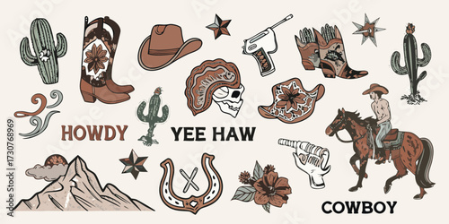 Western cowboy themed illustration with cactus boots hat skull horse cowboy and mountains