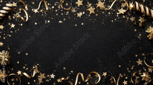 New Years Eve double border of glittery gold stars, streamers, decorations and noisemakers. Top down view over a black banner background.
